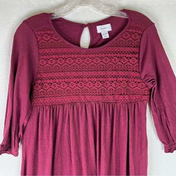 Old Navy Dress Girls Burgundy Wine Crinkle Jersey Lace Trim Swing Dress XL 14 - Picture 3 of 8